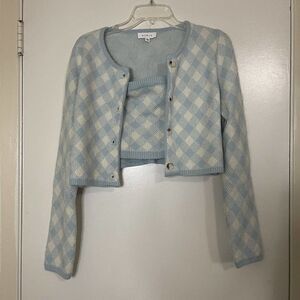 MABLE Blue Cropped Blue diamond knit Cardigan strapless 2pc set size Small